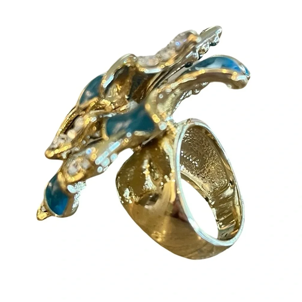 Stunning Joan Boyce Gold Statement Ring Blue Enamel Crystal Accents Bow Size 7